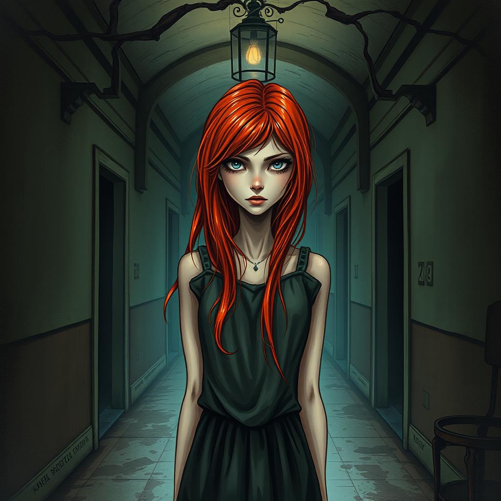 An intriguing book cover illustration featuring a redhead girl embodying the theme of schizophrenia inside an aged, mysterious asylum