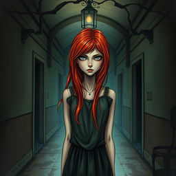 An intriguing book cover illustration featuring a redhead girl embodying the theme of schizophrenia inside an aged, mysterious asylum