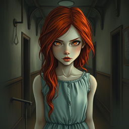 An intriguing book cover illustration featuring a redhead girl embodying the theme of schizophrenia inside an aged, mysterious asylum