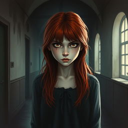 An intriguing book cover illustration featuring a redhead girl embodying the theme of schizophrenia inside an aged, mysterious asylum