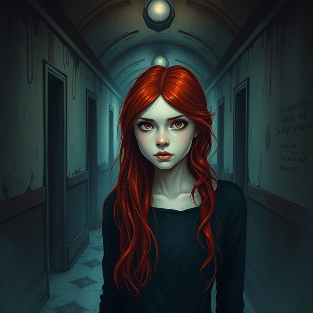 An intriguing book cover illustration featuring a redhead girl embodying the theme of schizophrenia inside an aged, mysterious asylum