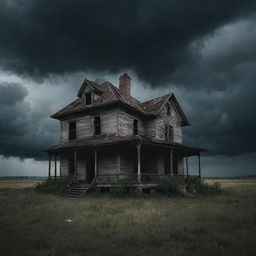 A dark, creepy, abandoned house under a stormy sky, steering a chilling atmosphere of unease and terror