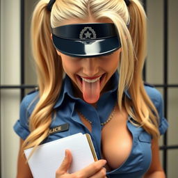 An extreme close-up of a gorgeous police officer with blond pigtails, wearing a blue uniform shirt tied in the front