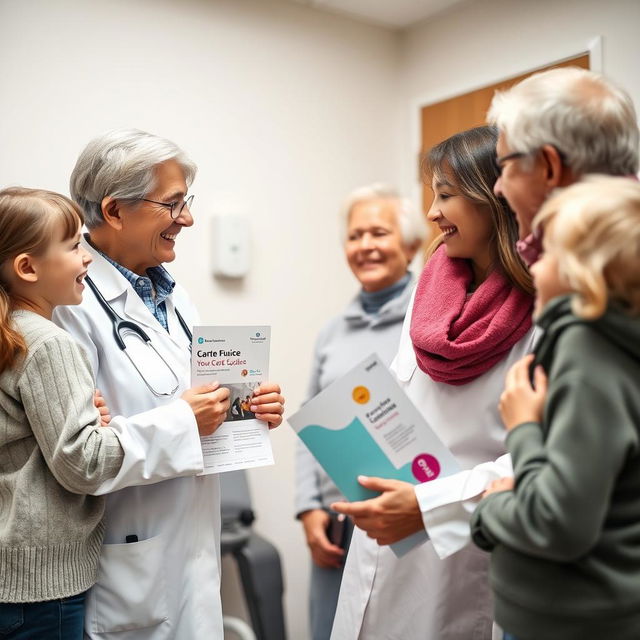 An image of a family group (children and grandchildren) saying goodbye to a healthcare professional who has been advising them