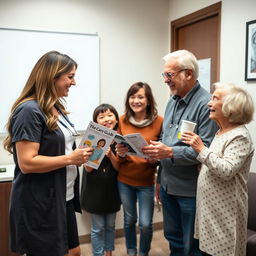 An image of a family group (children and grandchildren) saying goodbye to a healthcare professional who has been advising them