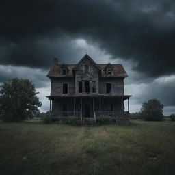 A dark, creepy, abandoned house under a stormy sky, steering a chilling atmosphere of unease and terror