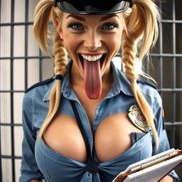 An extreme close-up of a gorgeous police officer with blond pigtails, wearing a blue uniform shirt tied in the front