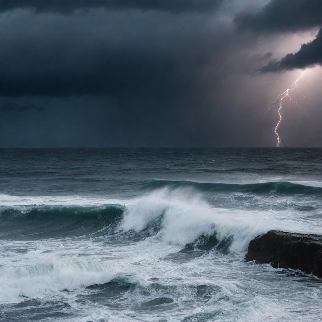 A dark, stormy ocean at night with tumultuous waves and lightning illuminating the scene