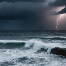 A dark, stormy ocean at night with tumultuous waves and lightning illuminating the scene