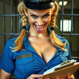 An extreme close-up of a gorgeous police officer with blond pigtails, wearing a blue uniform shirt tied in the front