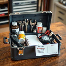 An image showing an open toolbox on a table, but instead of mechanical tools, it contains healthcare items like bottles of supplements, a blood pressure monitor, a medication notebook, and a card with medical contact numbers