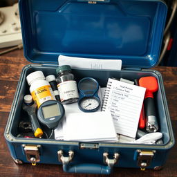 An image showing an open toolbox on a table, but instead of mechanical tools, it contains healthcare items like bottles of supplements, a blood pressure monitor, a medication notebook, and a card with medical contact numbers