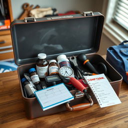 An image showing an open toolbox on a table, but instead of mechanical tools, it contains healthcare items like bottles of supplements, a blood pressure monitor, a medication notebook, and a card with medical contact numbers