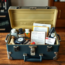 An image showing an open toolbox on a table, but instead of mechanical tools, it contains healthcare items like bottles of supplements, a blood pressure monitor, a medication notebook, and a card with medical contact numbers