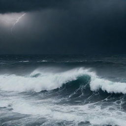 A dark, stormy ocean at night with tumultuous waves and lightning illuminating the scene