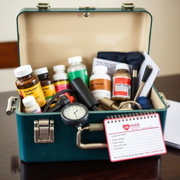 An image depicting an open toolbox on a table, filled not with mechanical tools but healthcare items such as bottles of supplements, a blood pressure monitor, a medication notebook, and a card with medical contact numbers