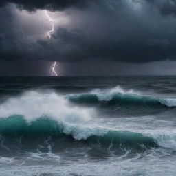 A dark, stormy ocean at night with tumultuous waves and lightning illuminating the scene