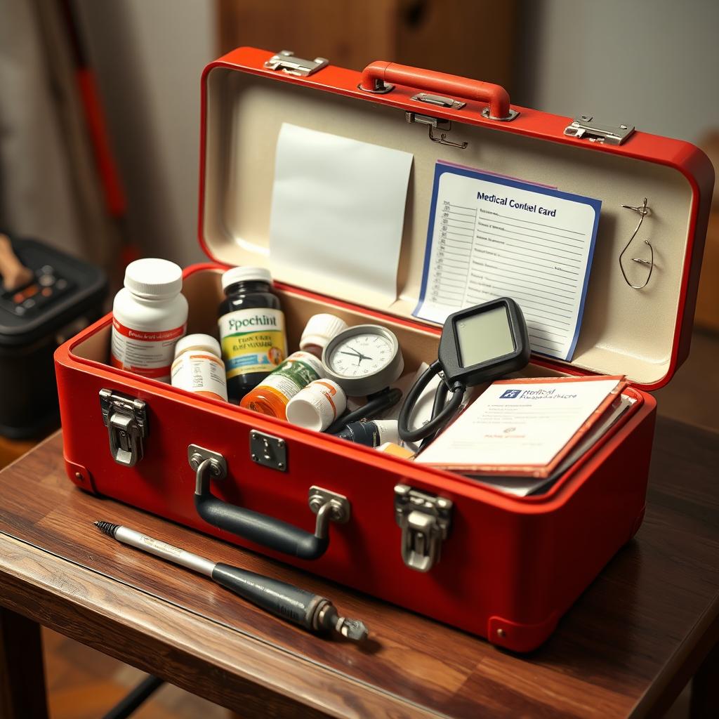 An image depicting an open toolbox on a table, filled not with mechanical tools but healthcare items such as bottles of supplements, a blood pressure monitor, a medication notebook, and a card with medical contact numbers