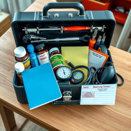 An image depicting an open toolbox on a table, filled not with mechanical tools but healthcare items such as bottles of supplements, a blood pressure monitor, a medication notebook, and a card with medical contact numbers