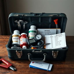 An image depicting an open toolbox on a table, filled not with mechanical tools but healthcare items such as bottles of supplements, a blood pressure monitor, a medication notebook, and a card with medical contact numbers