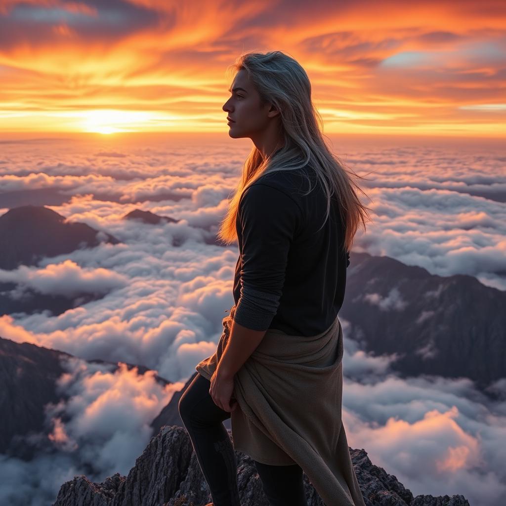 a young man with long silver hair standing on top of a towering mountain, overlooking the earth