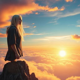 a young man with long silver hair standing on top of a towering mountain, overlooking the earth