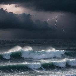 A dark, stormy ocean at night with tumultuous waves and lightning illuminating the scene