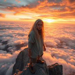 a young man with long silver hair standing on top of a towering mountain, overlooking the earth