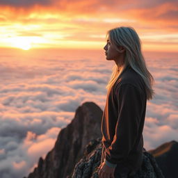 a young man with long silver hair standing on top of a towering mountain, overlooking the earth