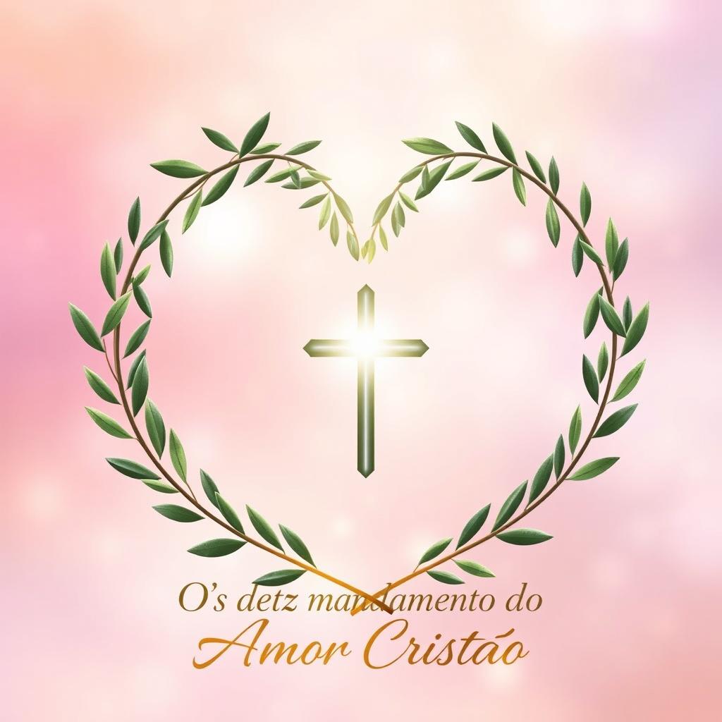 Ebook cover design titled 'Os Dez Mandamentos do Amor Cristão' featuring a heart-shaped wreath of olive branches encircling a luminous cross at the center