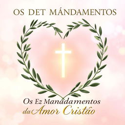 Ebook cover design titled 'Os Dez Mandamentos do Amor Cristão' featuring a heart-shaped wreath of olive branches encircling a luminous cross at the center