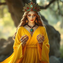 A captivating goddess of romance, elegantly clad in a yellow flowing dress that symbolizes joy, hope, and inspiration