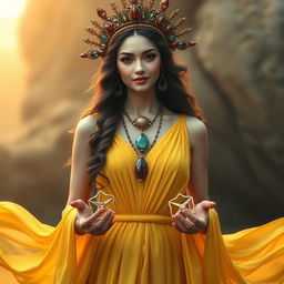 A captivating goddess of romance, elegantly clad in a yellow flowing dress that symbolizes joy, hope, and inspiration