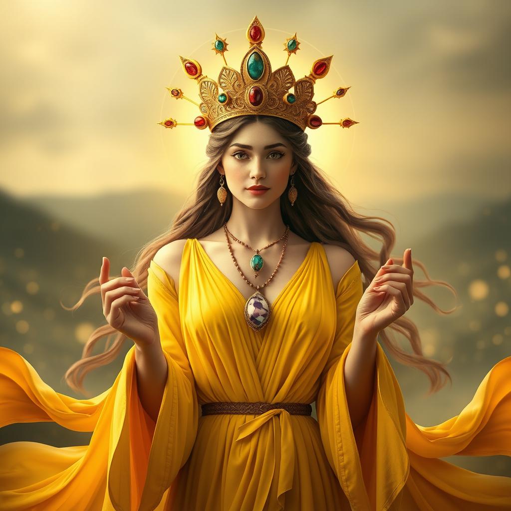 A captivating goddess of romance, elegantly clad in a yellow flowing dress that symbolizes joy, hope, and inspiration