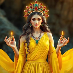 A captivating goddess of romance, elegantly clad in a yellow flowing dress that symbolizes joy, hope, and inspiration