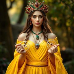 A captivating goddess of romance, elegantly clad in a yellow flowing dress that symbolizes joy, hope, and inspiration