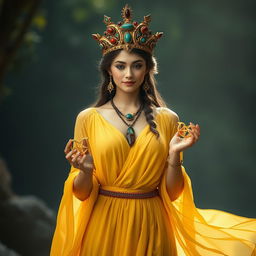 A captivating goddess of romance, elegantly clad in a yellow flowing dress that symbolizes joy, hope, and inspiration