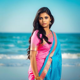 Portrait of a young Indian woman standing on a beach, wearing a traditional saree in pink and blue shades, elegantly draped to accentuate her curves