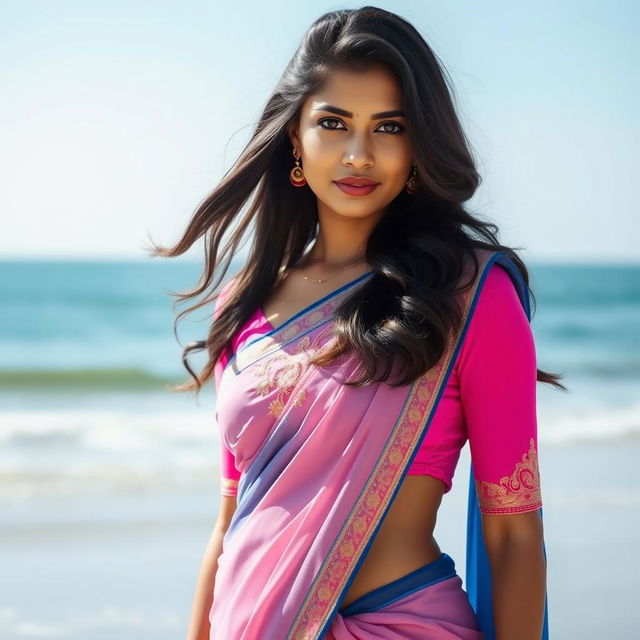 Portrait of a young Indian woman standing on a beach, wearing a traditional saree in pink and blue shades, elegantly draped to accentuate her curves