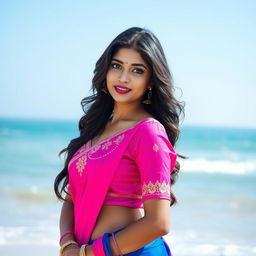 Portrait of a young Indian woman standing on a beach, wearing a traditional saree in pink and blue shades, elegantly draped to accentuate her curves