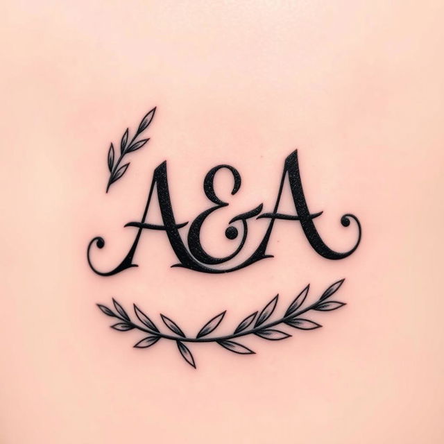 A tattoo design featuring the initials 'A&A' elegantly wrapped with an olive branch