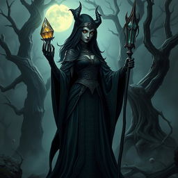 A mysterious dark elf necromancer standing in a haunted forest