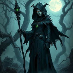 A mysterious dark elf necromancer standing in a haunted forest