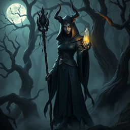 A mysterious dark elf necromancer standing in a haunted forest