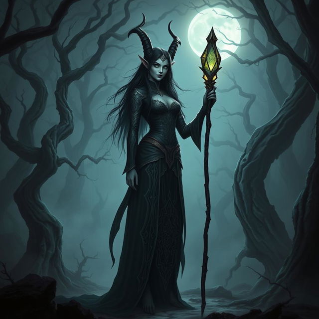 A mysterious dark elf necromancer standing in a haunted forest