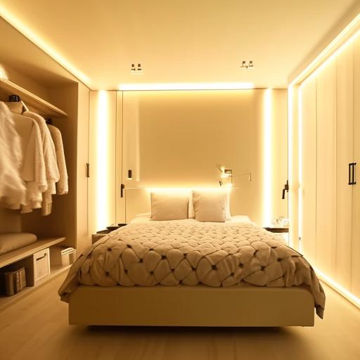 A beautifully decorated room with ambient decor lights around a large 6x6 bed, a chic wardrobe to the side, a mirror, and a TV console.