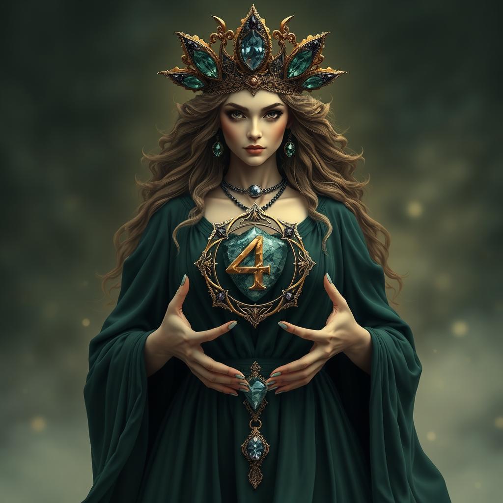 A mystical goddess of romance, draped in a dark green flowing dress that symbolizes growth, harmony, and maturity