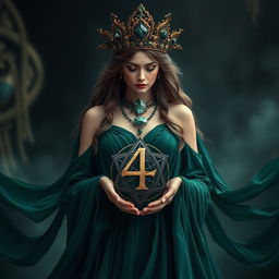 A mystical goddess of romance, draped in a dark green flowing dress that symbolizes growth, harmony, and maturity