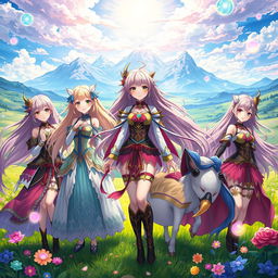 A group of anime women with long flowing hair, intricate and colorful fantasy-inspired outfits, set against a vibrant and magical landscape