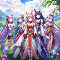 A group of anime women with long flowing hair, intricate and colorful fantasy-inspired outfits, set against a vibrant and magical landscape